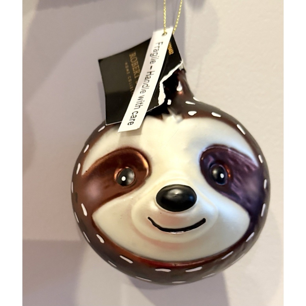Robert Stanley Blown Glass Christmas Ornament Large 4" Sloth Head‎ Ball NEW